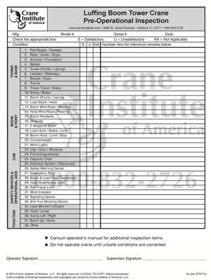 Pre-Operational Checklist Luffing Boom Tower Crane