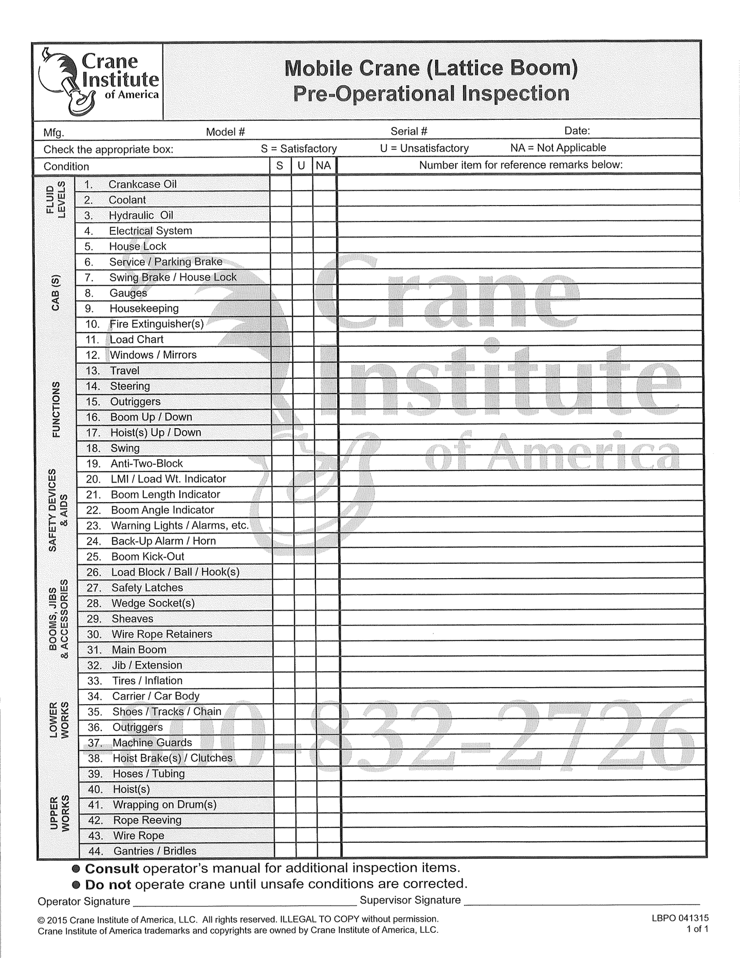 Mobile Crane (Lattice Boom) Annual/Periodic Inspection Checklist