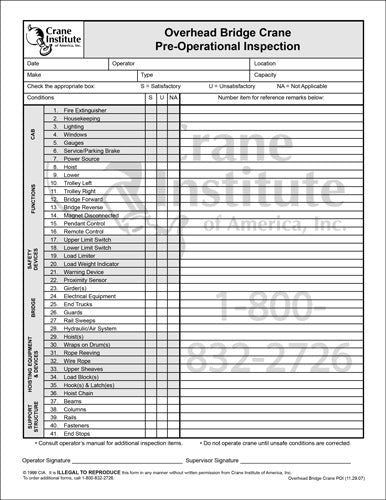 Pre-Operational Checklist - Overhead Bridge Crane