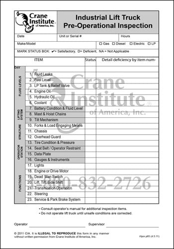 Pre-Operational Checklist - Industrial Lift Truck