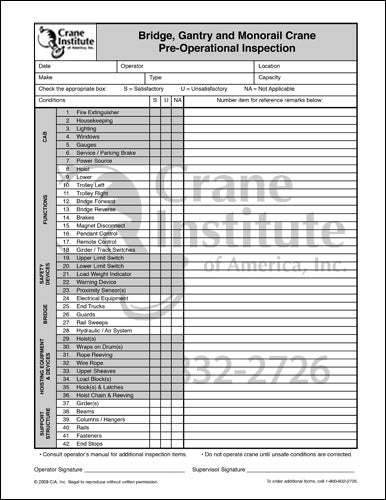 Pre-Operational Checklist-Bridge, Gantry and Monorail Crane Sale